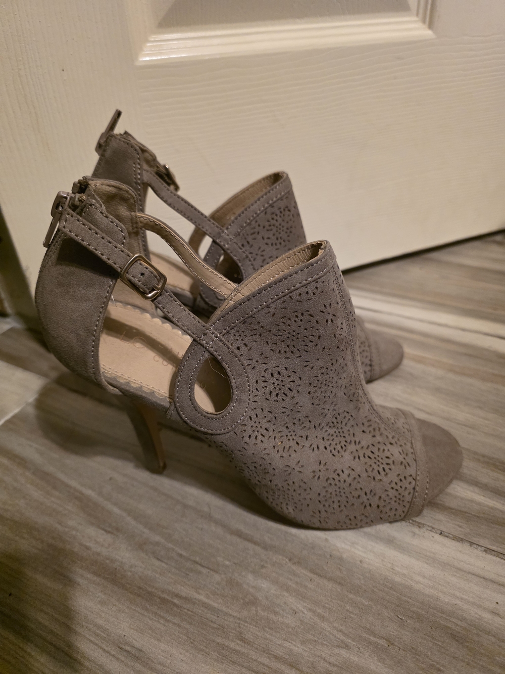 LC Lauren Conrad Taupe Laser-Cut Peep-Toe Ankle Strap Heels